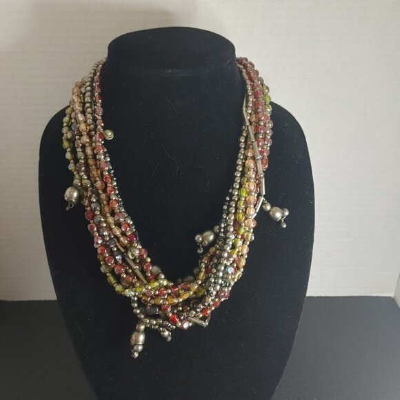 Retro Multi-Strand Denim Multicolor & Silver Tone tube Glass Beads Necklace Boho - Picture 4 of 7